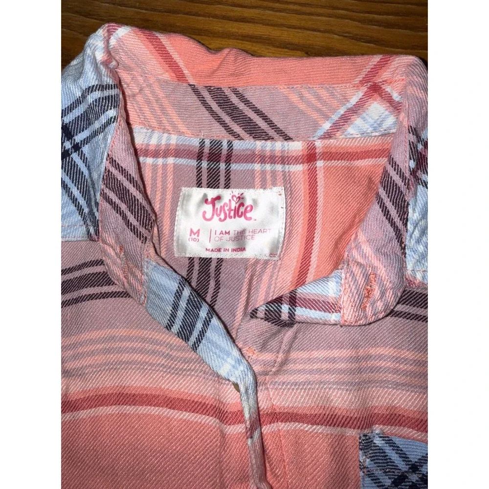 Justice Plaid Button Up Shirt Coral Blue‎ Girls Size M 10 Long Sleeve Pocket